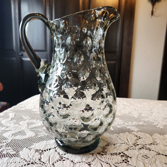 Grey Hand-Blown Glass Pitcher Thumbprint, Coin dot pattern - Picture 5 of 5